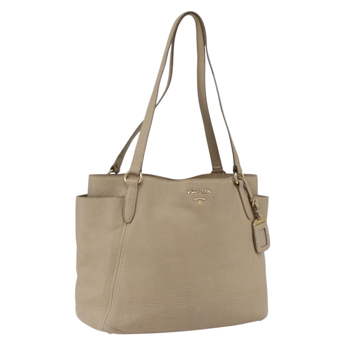 PRADA Tote Bag Leather Beige Gold Auth gh1849