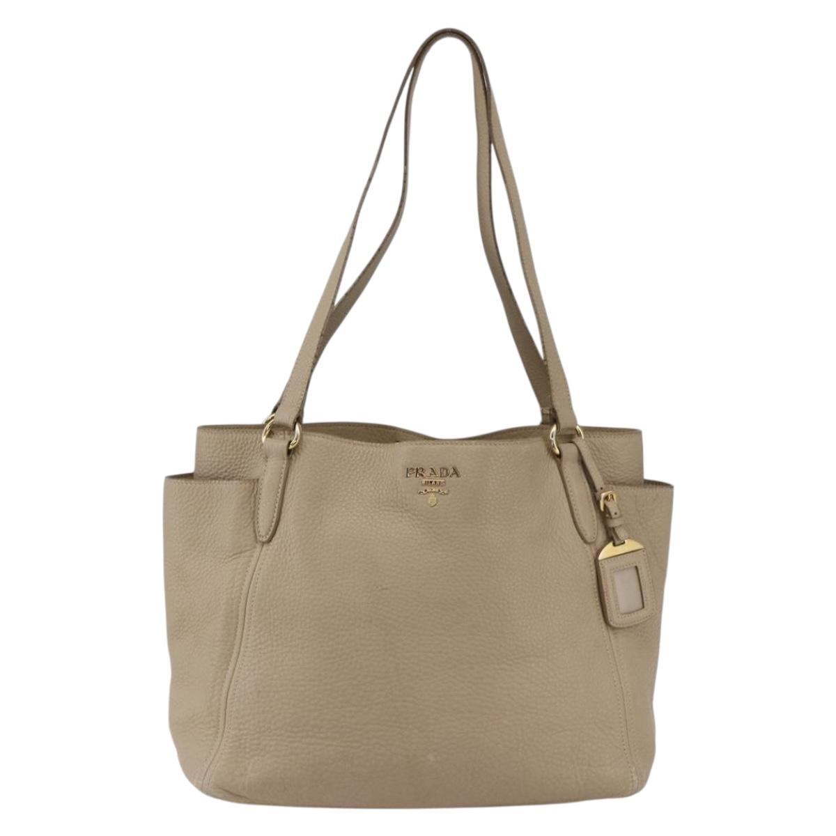 PRADA Tote Bag Leather Beige Gold Auth gh1849