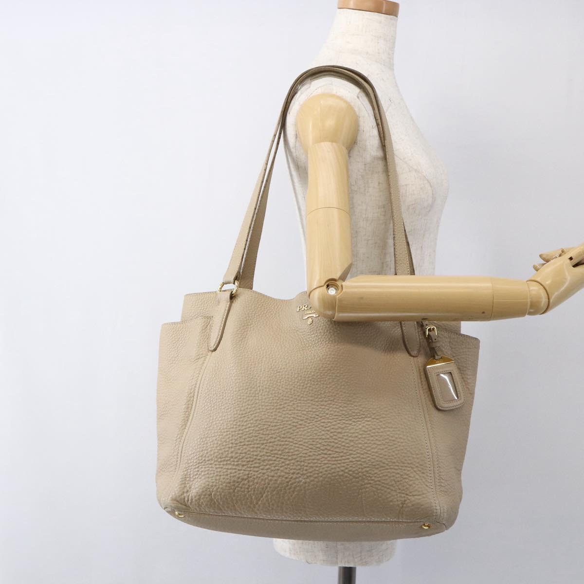 PRADA Tote Bag Leather Beige Gold Auth gh1849