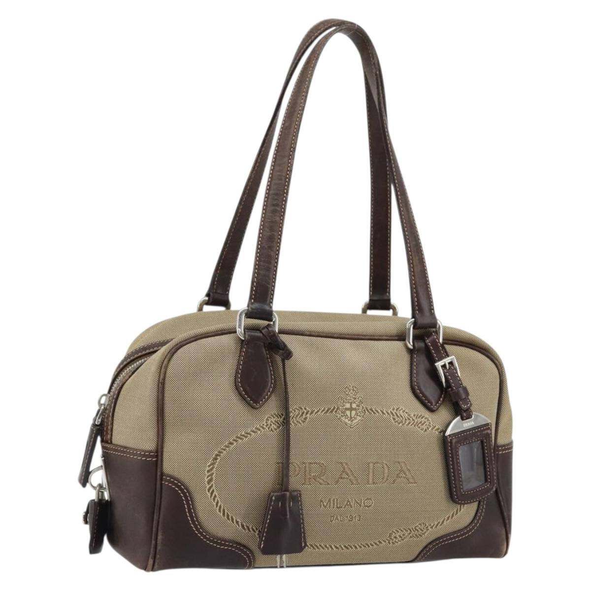 PRADA Tote Bag Canvas Beige Silver Auth gh1855