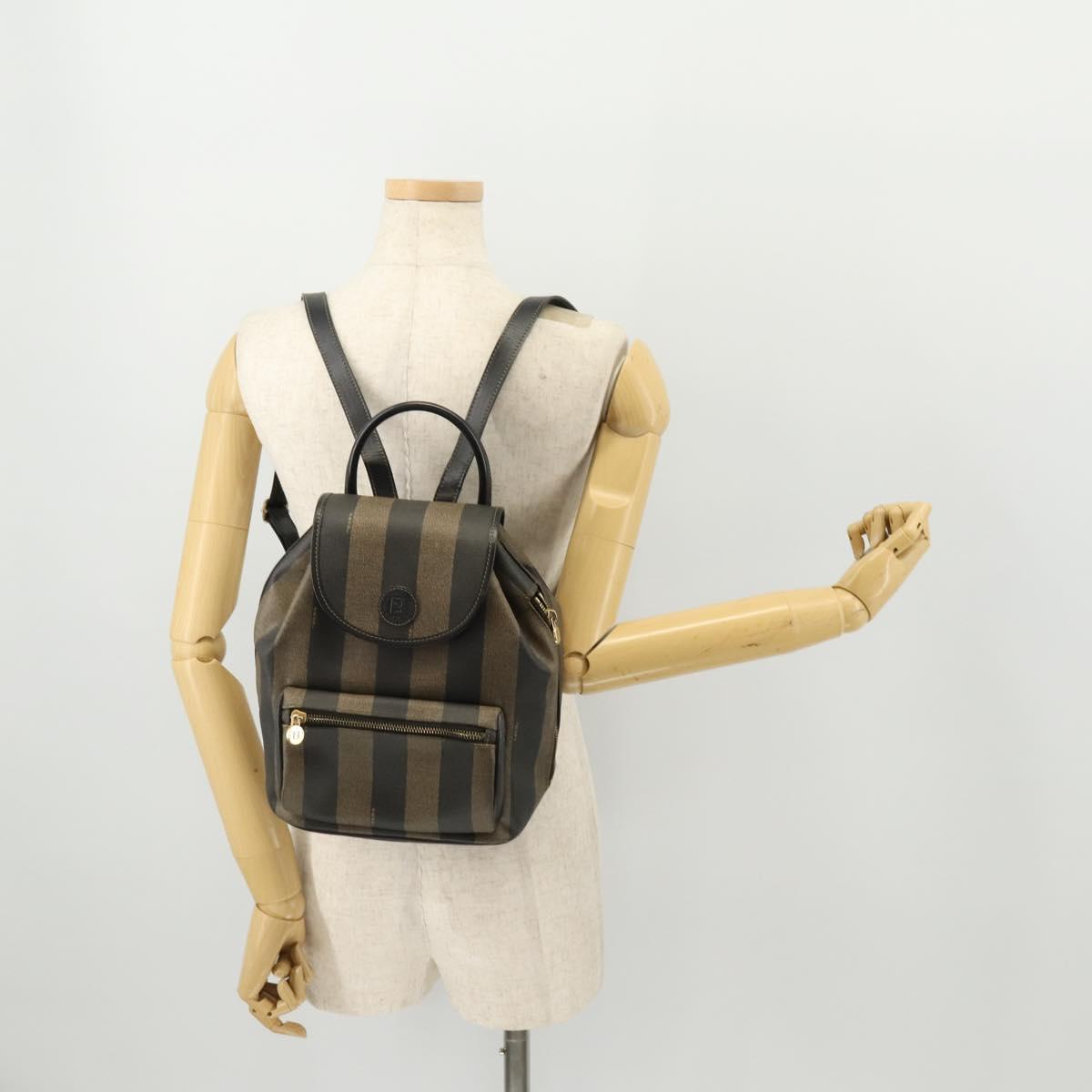 FENDI Pecan Canvas Backpack PVC Brown Black gold Auth gh1856