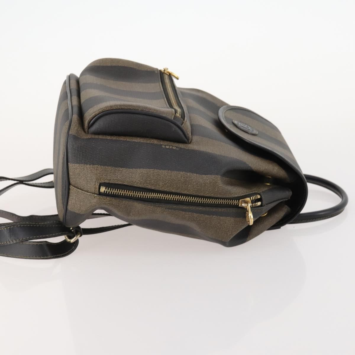 FENDI Pecan Canvas Backpack PVC Brown Black gold Auth gh1856