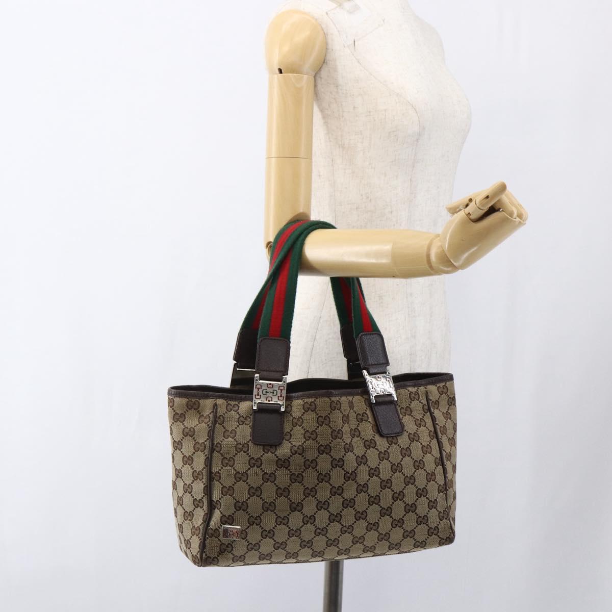 GUCCI GG Canvas Web Sherry Line Tote Bag Beige Red Green 145810 Auth gh1862