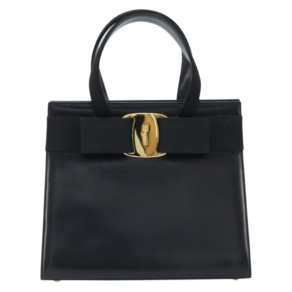 Salvatore Ferragamo Vala Hand Bag Leather Black Gold Auth gh1876