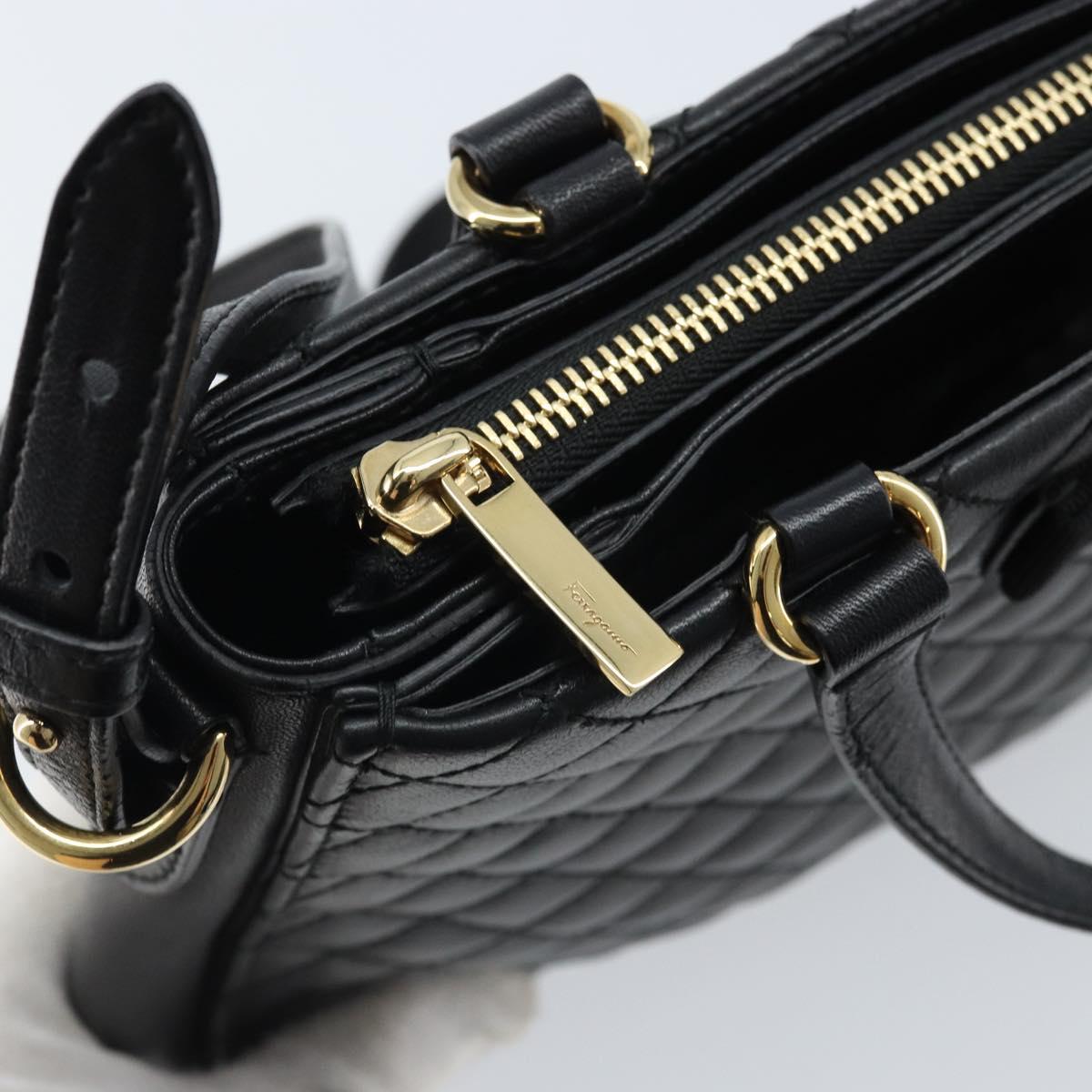Salvatore Ferragamo Vala Hand Bag Leather 2way Black Gold Auth gh1879