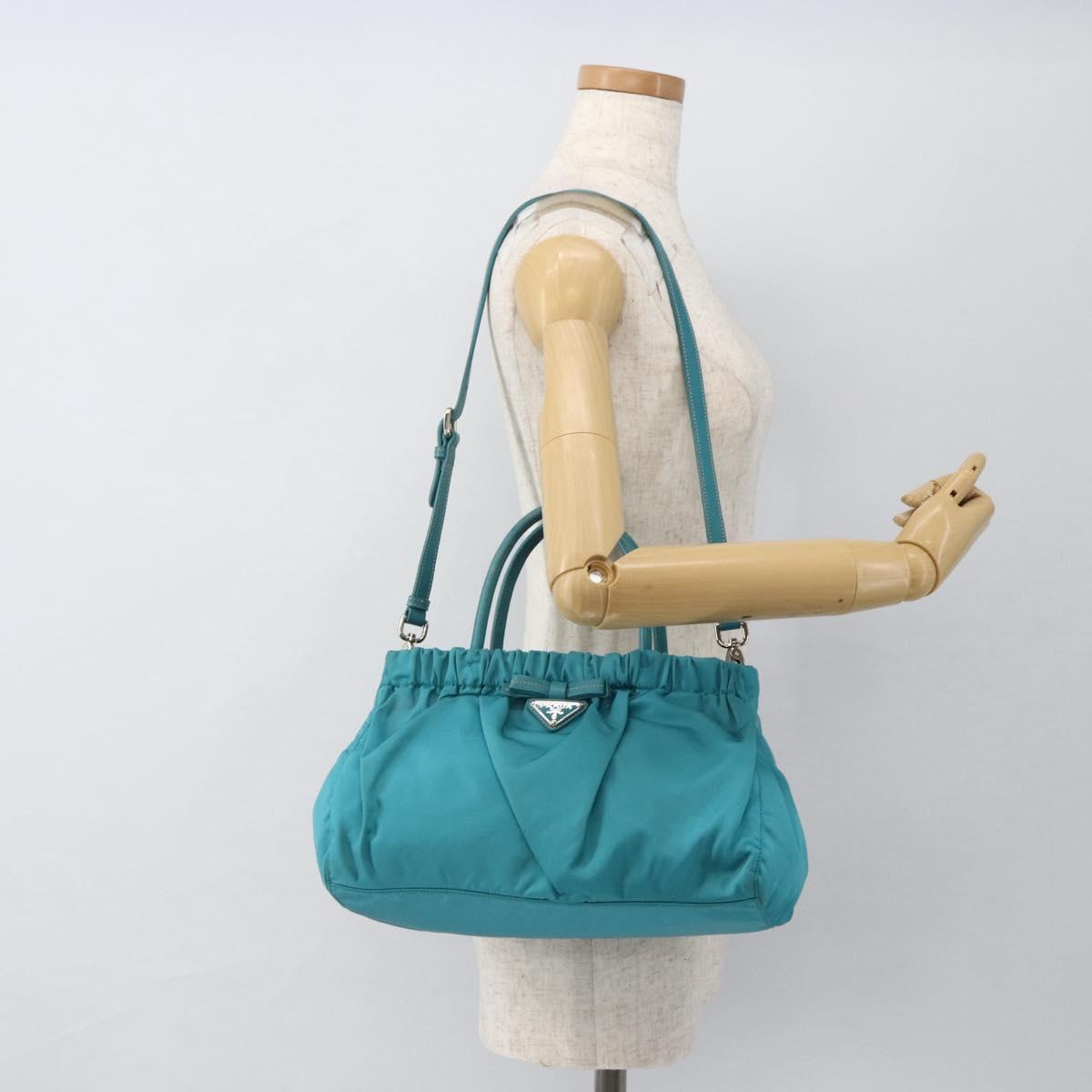 PRADA Hand Bag Nylon 2way Turquoise Blue Silver Auth gh1880A