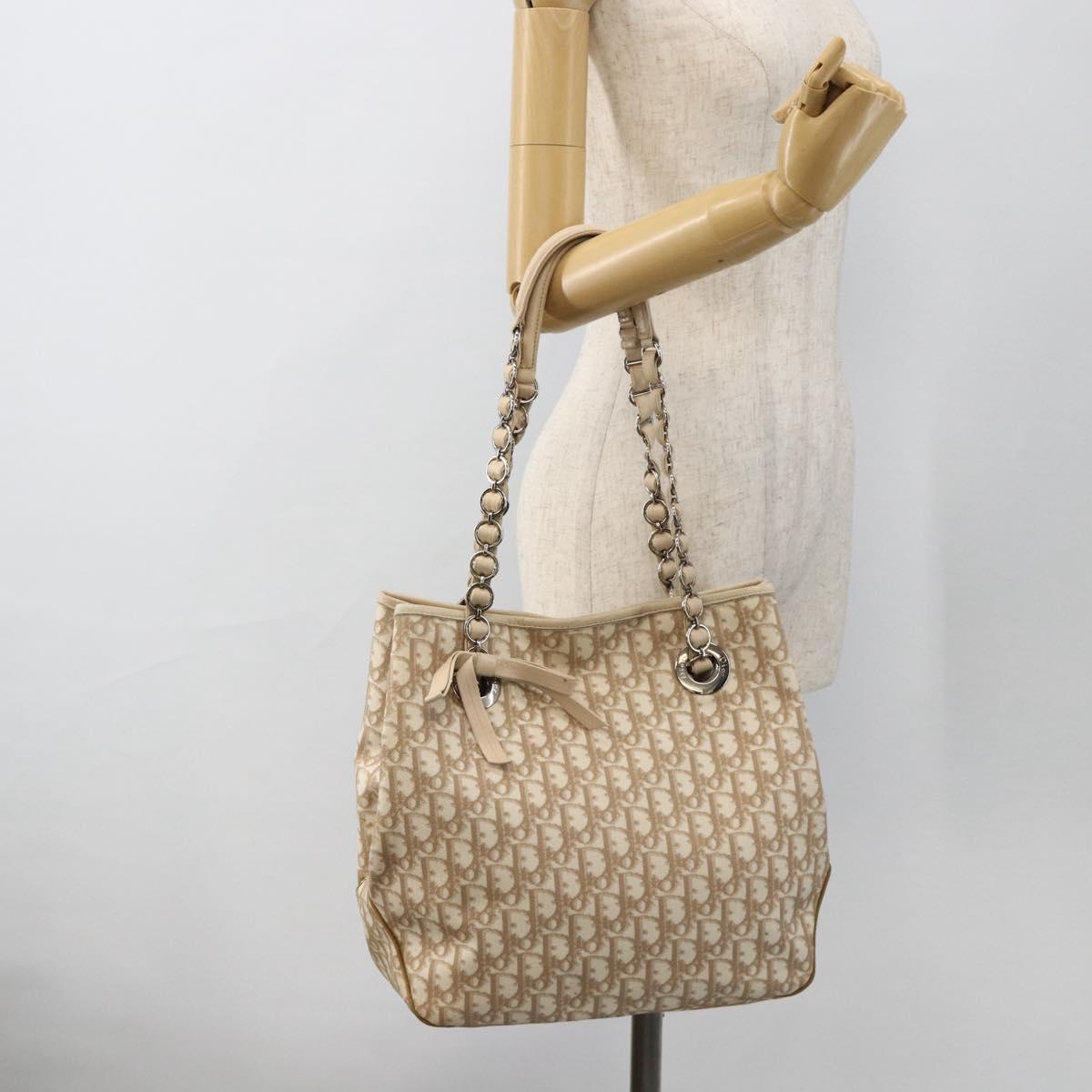 Christian Dior Trotter Canvas Chain Romantic Bag PVC Beige Silver Auth gh1907
