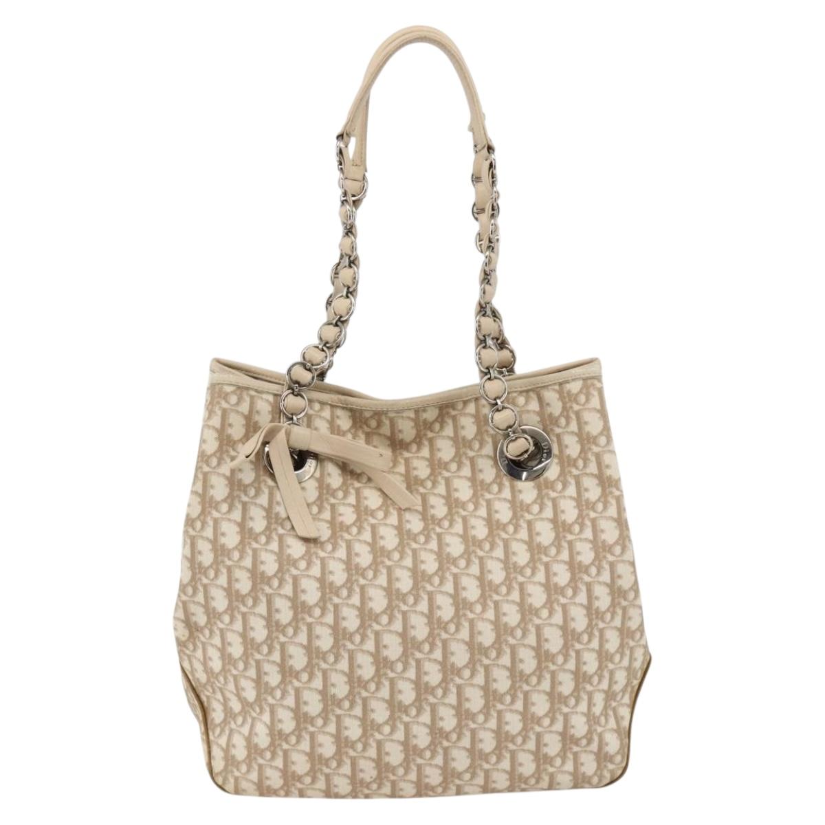 Christian Dior Trotter Canvas Chain Romantic Bag PVC Beige Silver Auth gh1907