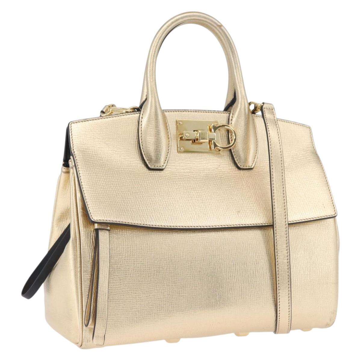 Salvatore Ferragamo Gancini Hand Bag Leather 2way Gold Auth gh1909A