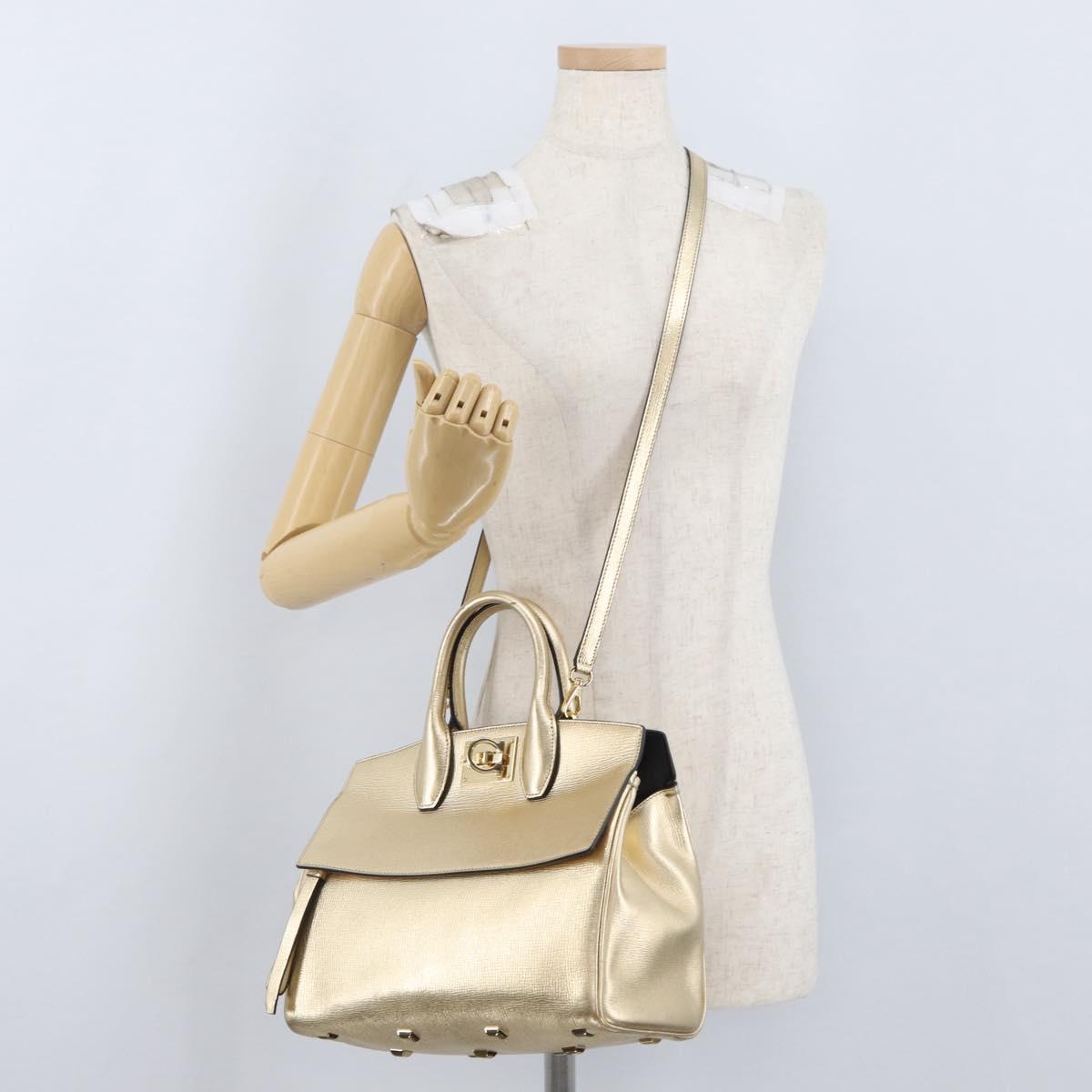Salvatore Ferragamo Gancini Hand Bag Leather 2way Gold Auth gh1909A