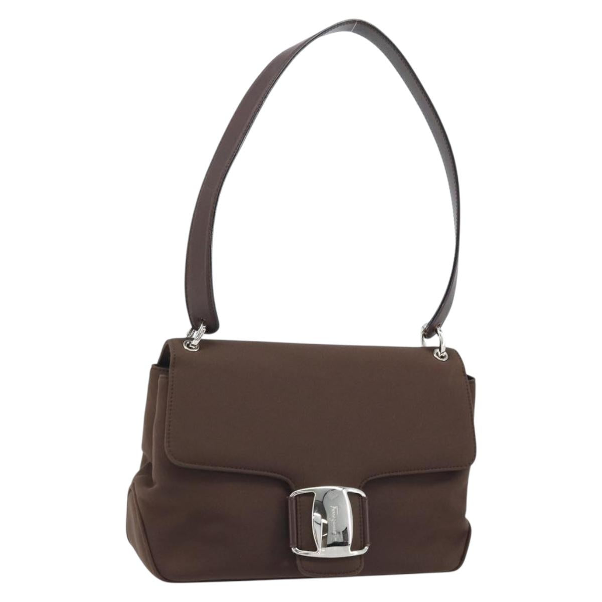 Salvatore Ferragamo Vala Shoulder Bag Nylon Brown Silver Auth gh1918