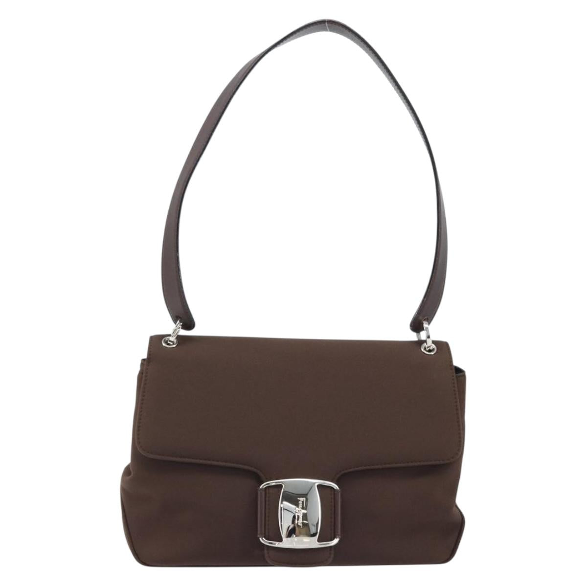 Salvatore Ferragamo Vala Shoulder Bag Nylon Brown Silver Auth gh1918