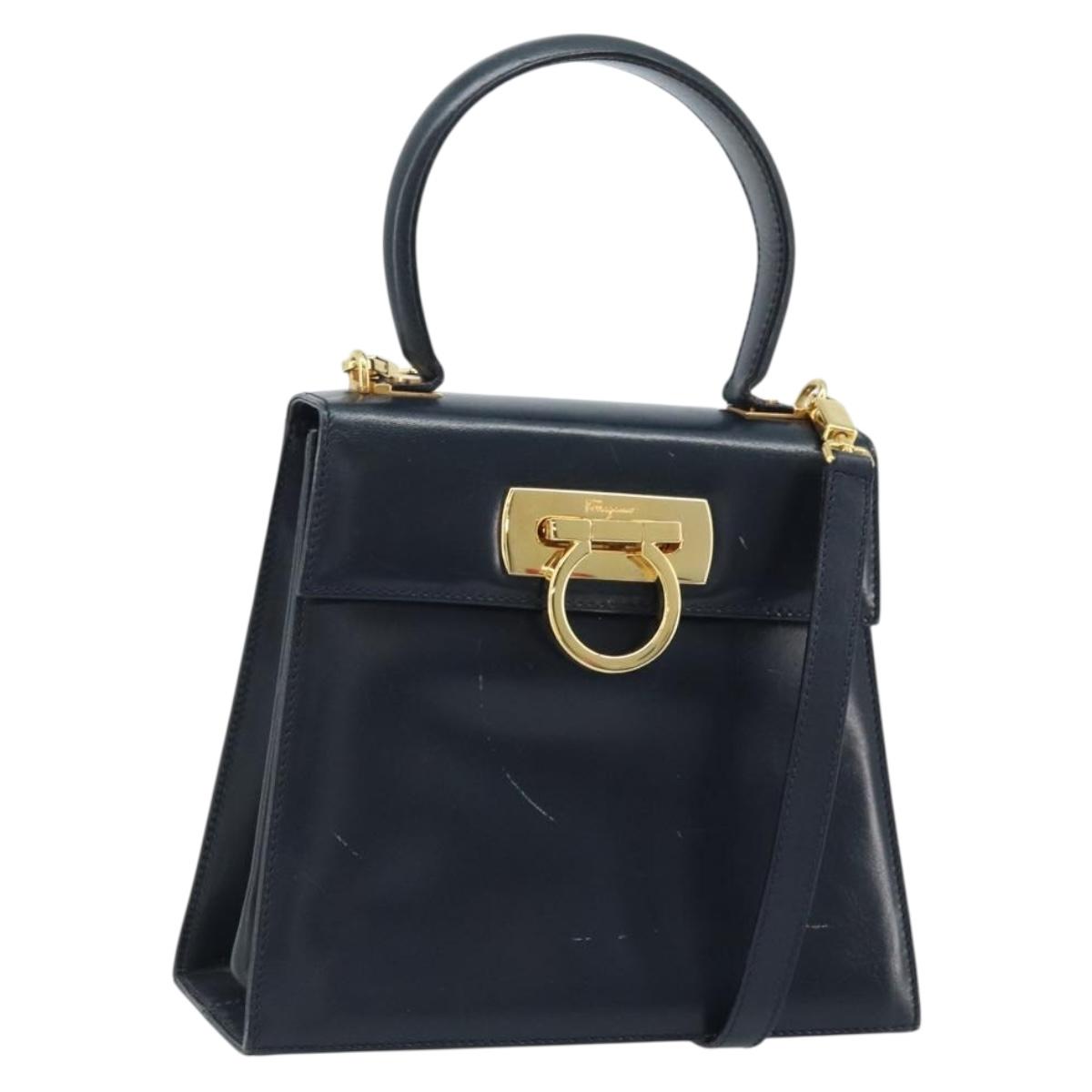 Salvatore Ferragamo Gancini Hand Bag Leather 2way Navy Gold Auth gh1925
