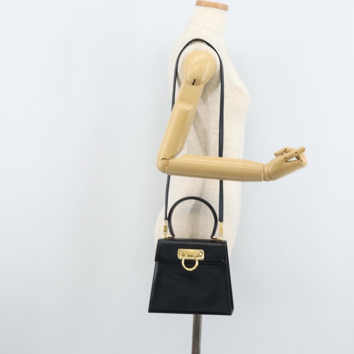 Salvatore Ferragamo Gancini Hand Bag Leather 2way Navy Gold Auth gh1925