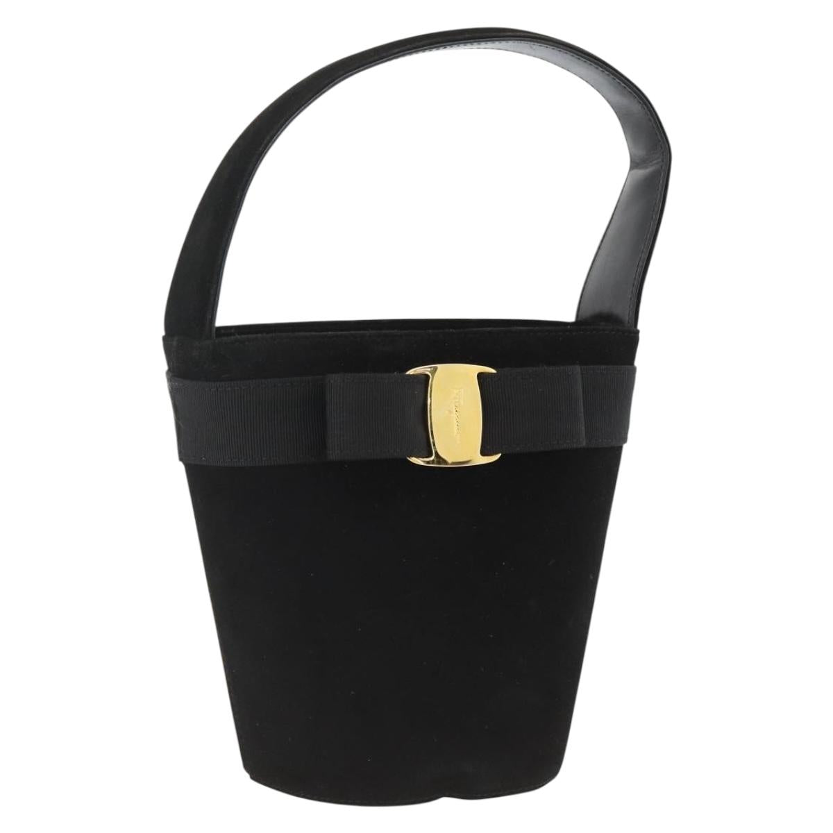 Salvatore Ferragamo Vala Hand Bag Suede Black Gold Auth gh1926