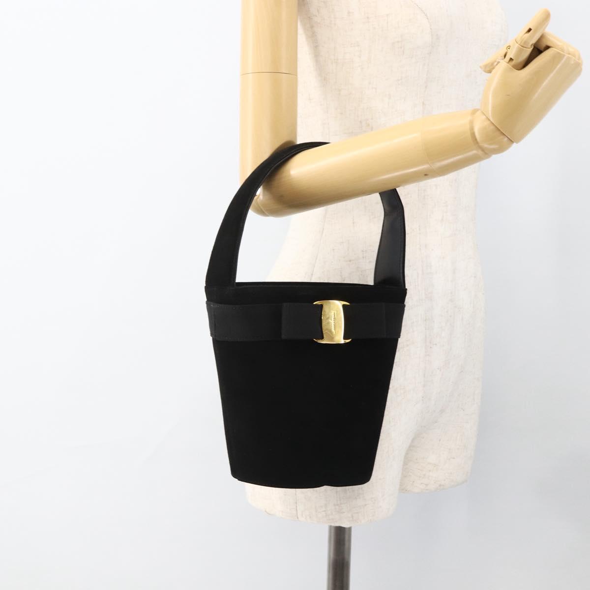 Salvatore Ferragamo Vala Hand Bag Suede Black Gold Auth gh1926