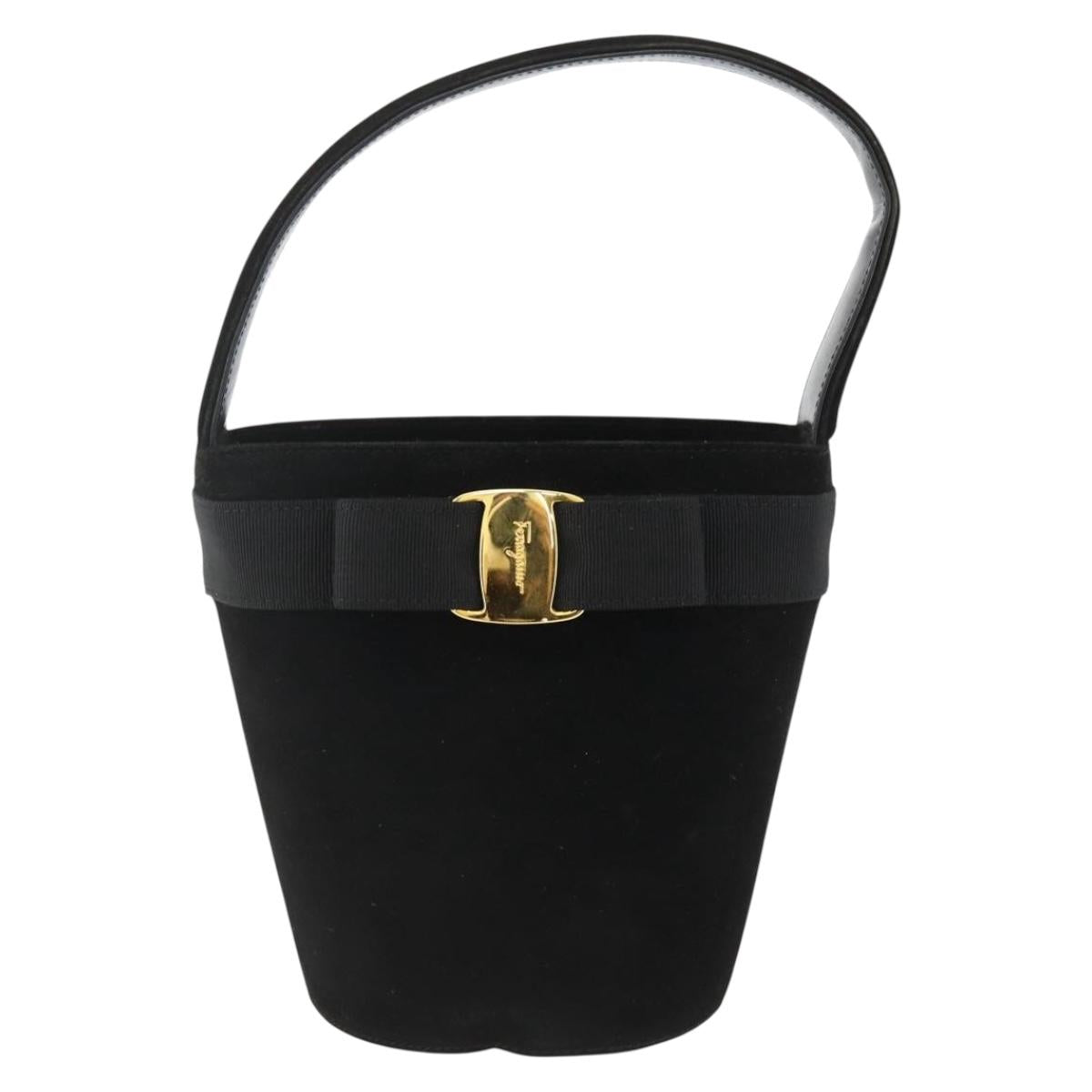 Salvatore Ferragamo Vala Hand Bag Suede Black Gold Auth gh1926