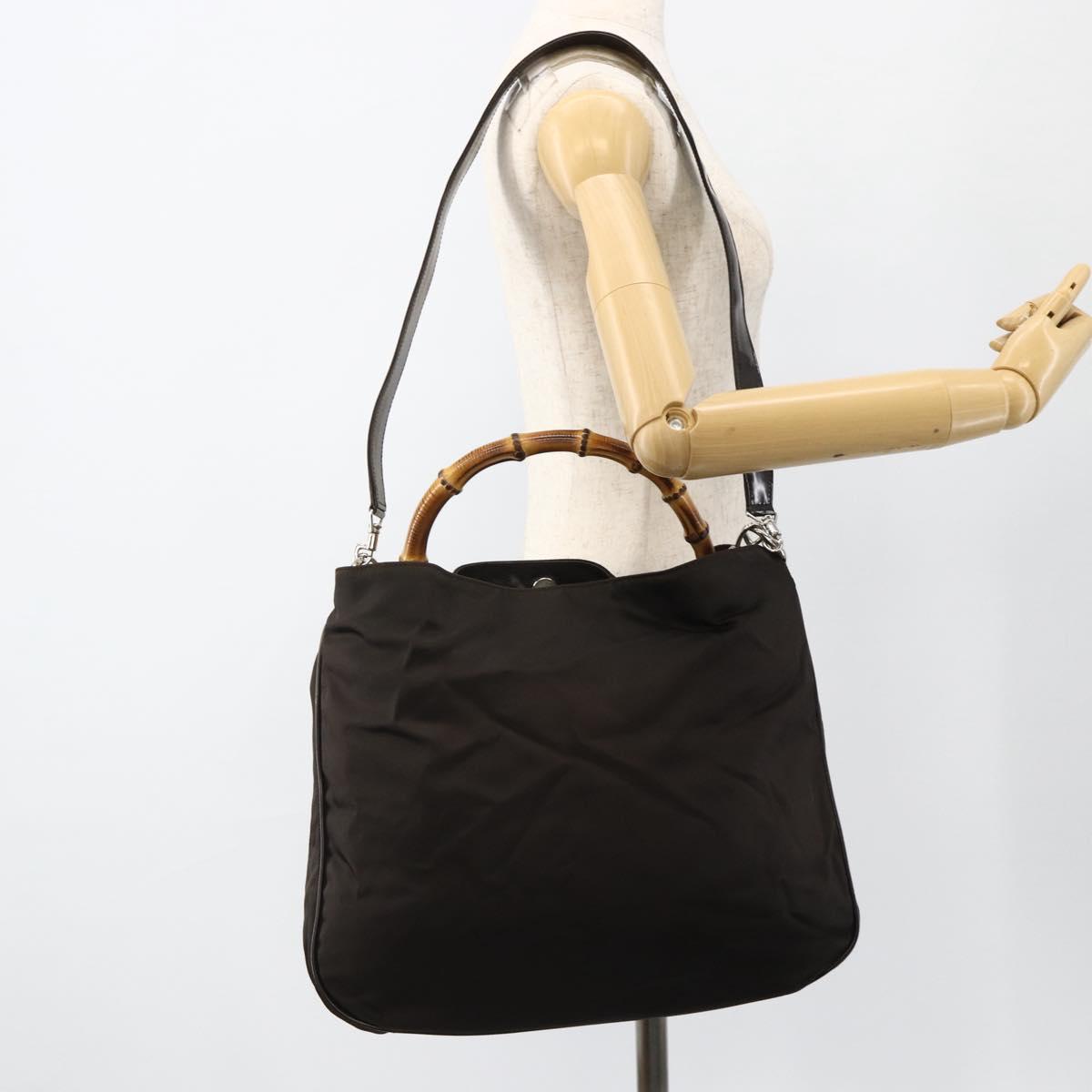GUCCI Bamboo Shoulder Bag Nylon 2way Brown Silver 001 1781 1577 Auth gh1931