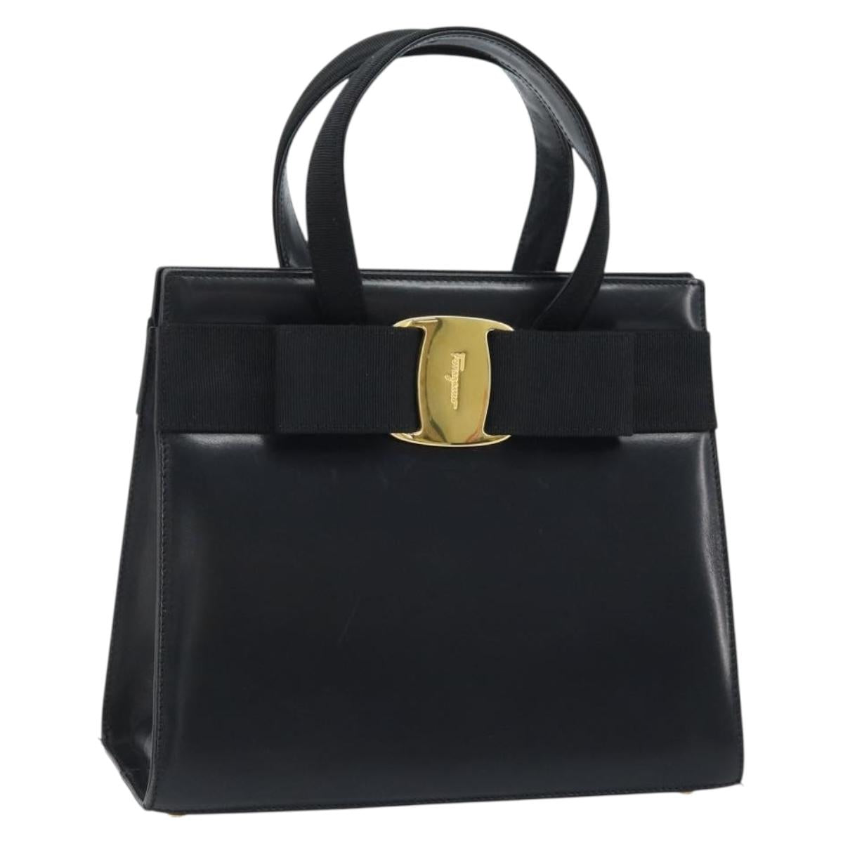 Salvatore Ferragamo Vala Hand Bag Leather Black Gold Auth gh1933