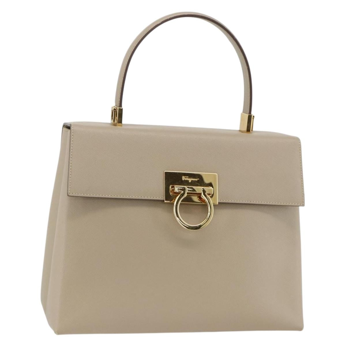 Salvatore Ferragamo Gancini Hand Bag Leather Beige Gold Auth gh1934