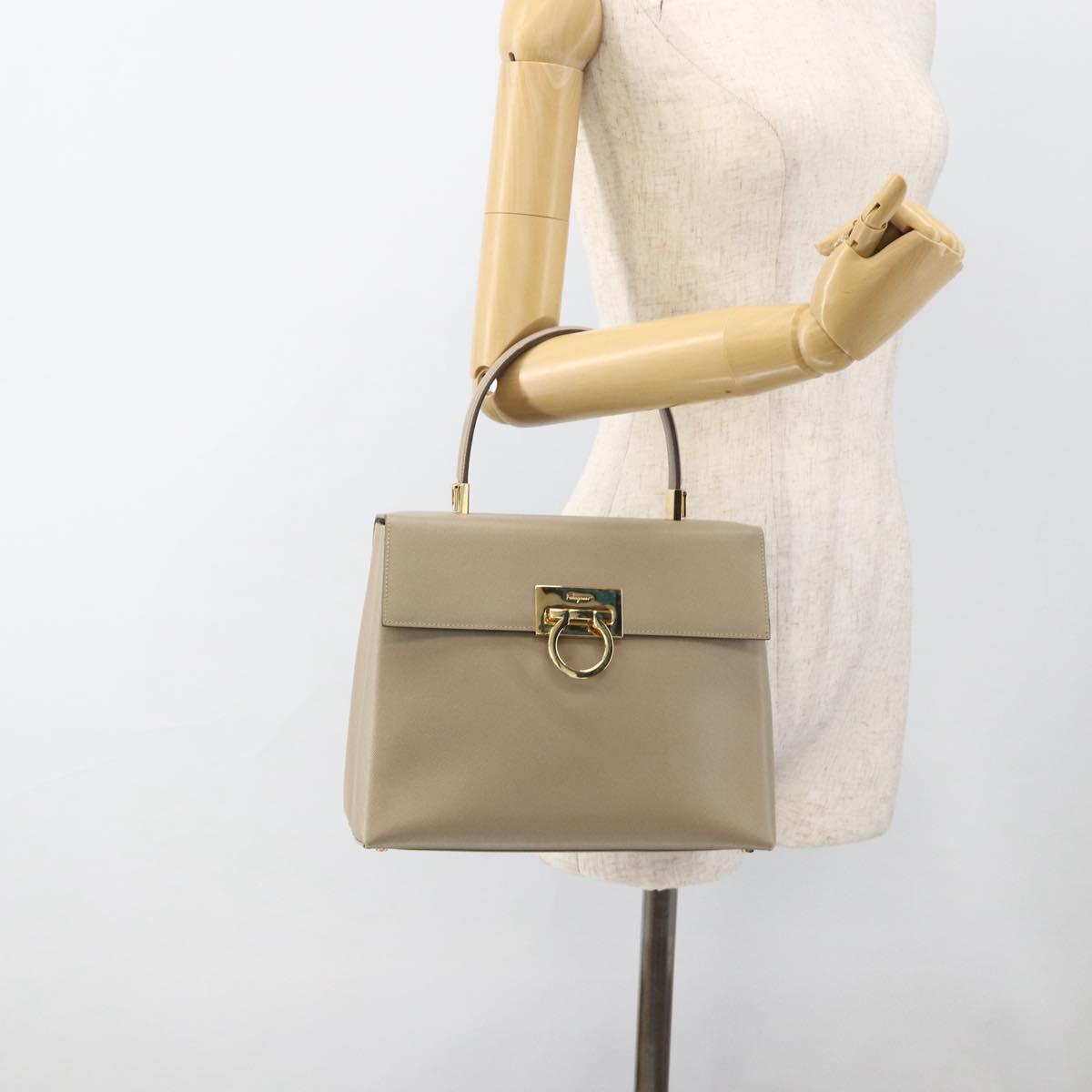 Salvatore Ferragamo Gancini Hand Bag Leather Beige Gold Auth gh1934