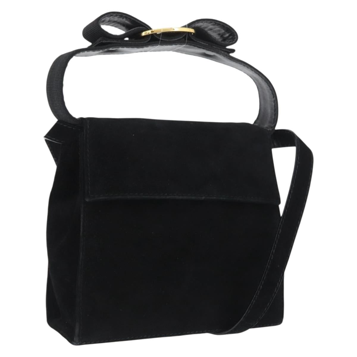 Salvatore Ferragamo Vala Hand Bag Suede 2way Black Gold Auth gh1949
