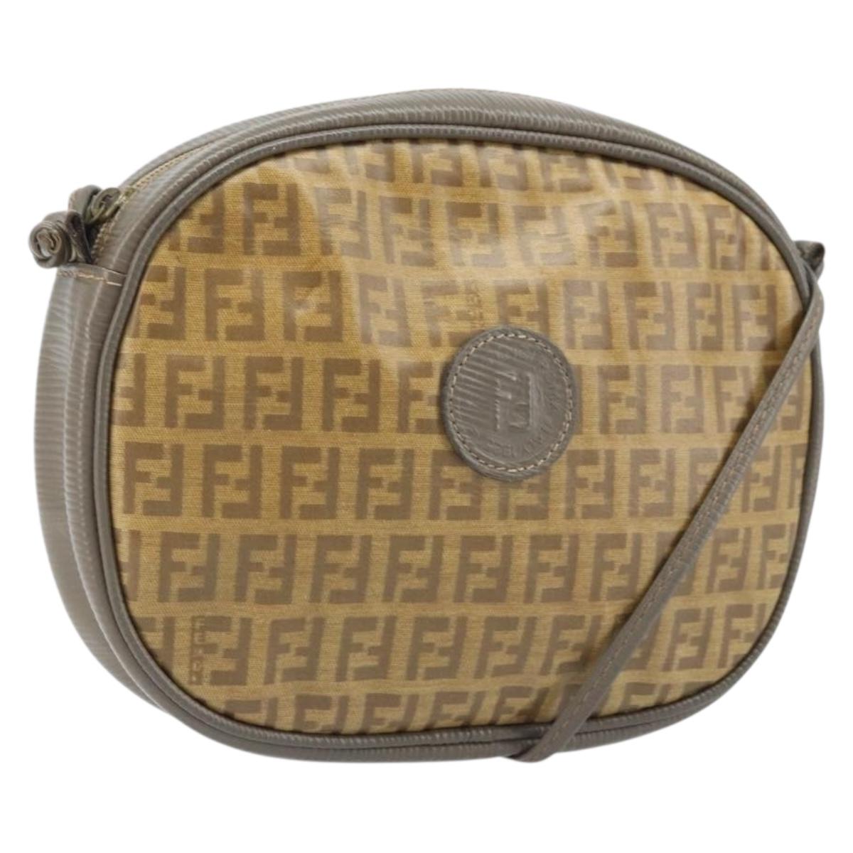 FENDI Zucchino Canvas Shoulder Bag PVC Beige Silver Auth gh1969