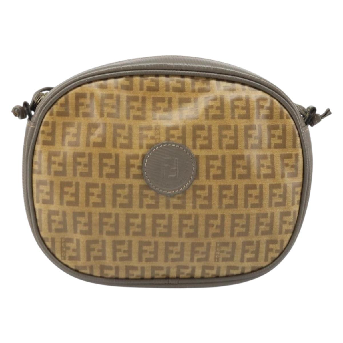 FENDI Zucchino Canvas Shoulder Bag PVC Beige Silver Auth gh1969