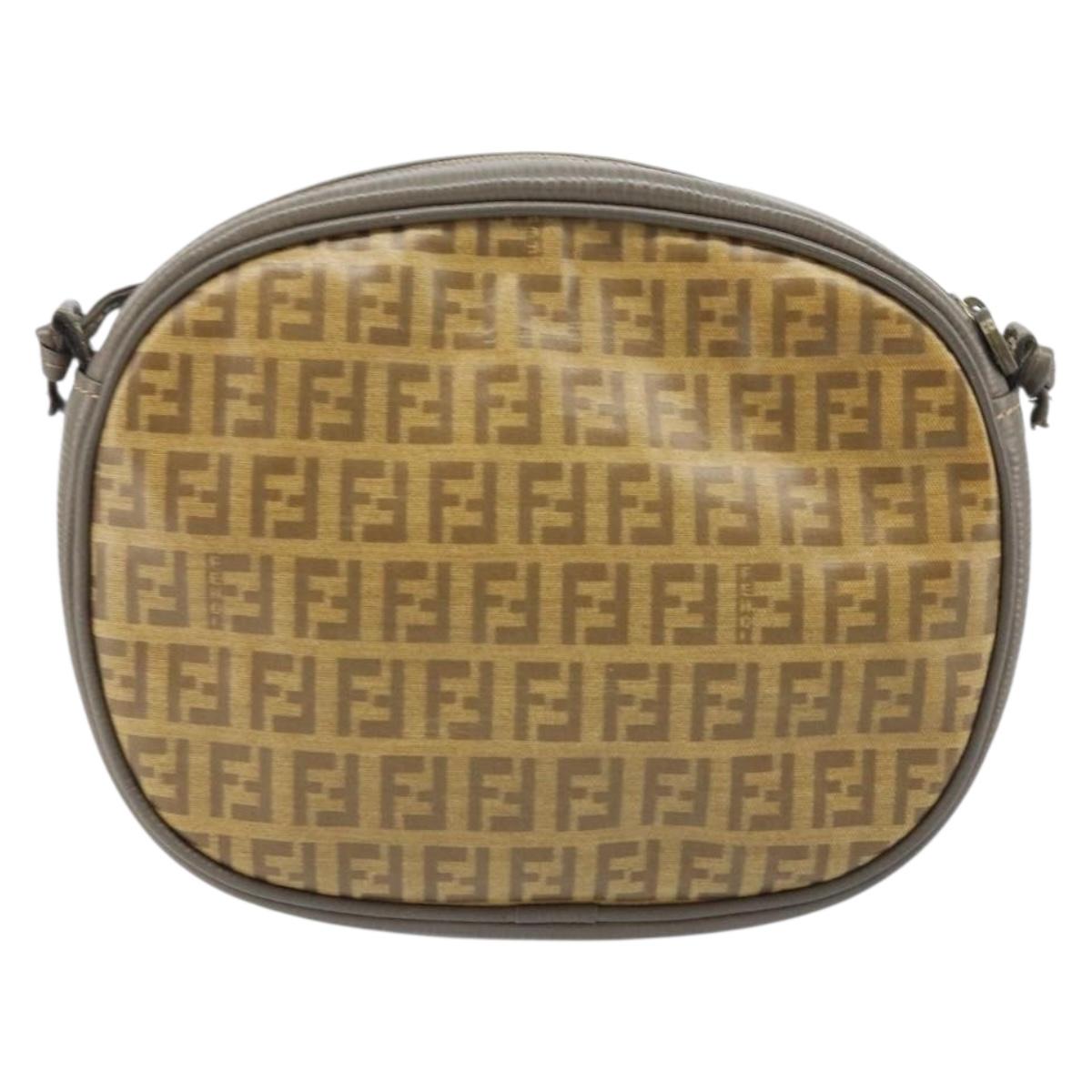 FENDI Zucchino Canvas Shoulder Bag PVC Beige Silver Auth gh1969