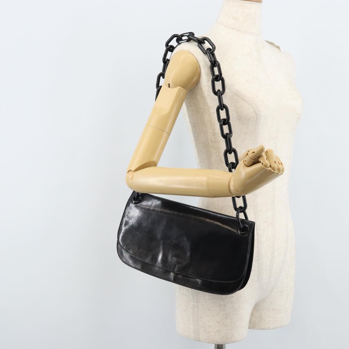 PRADA Chain Shoulder Bag Leather Black Silver Auth gh1971