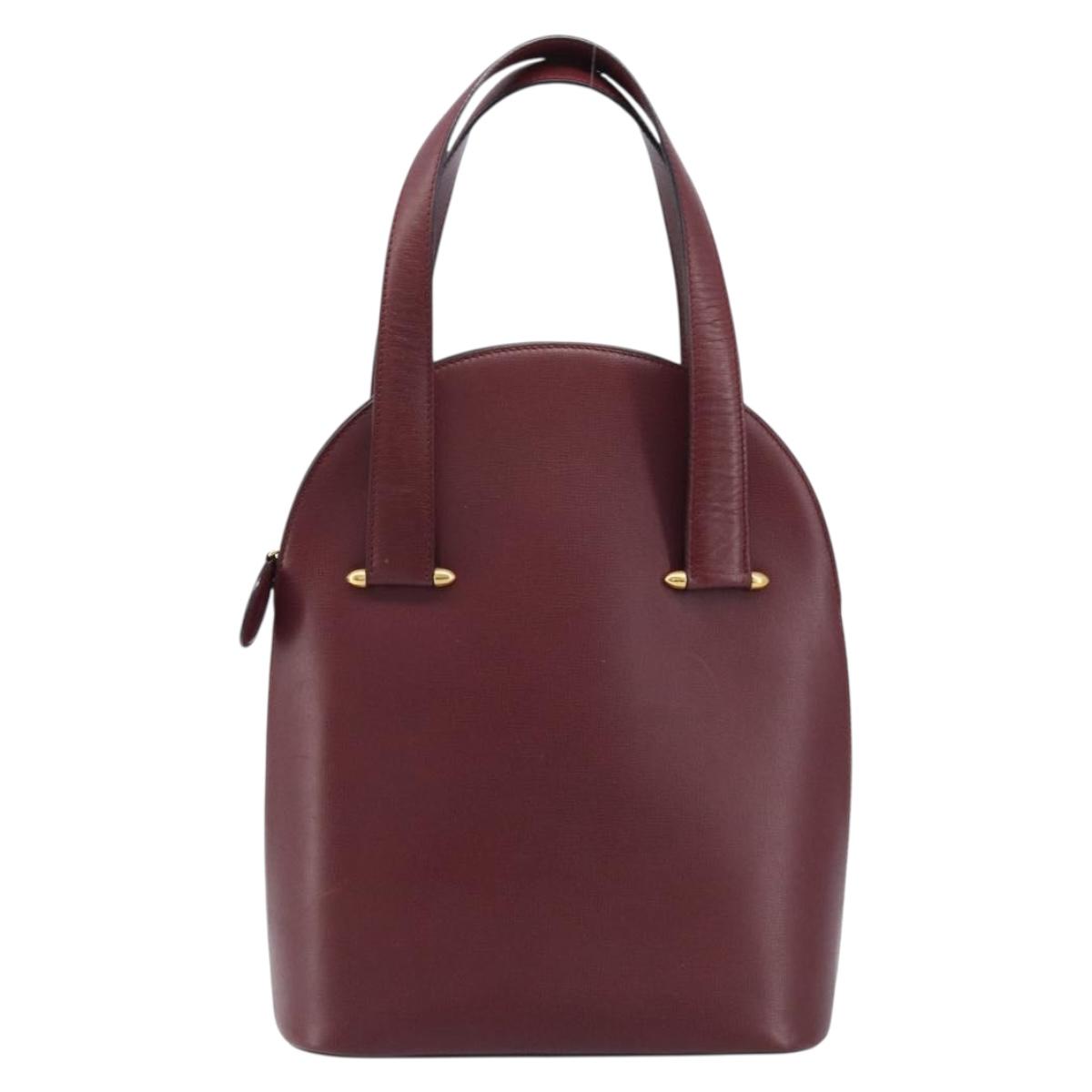CARTIER Hand Bag Leather Bordeaux Gold Auth gh1976