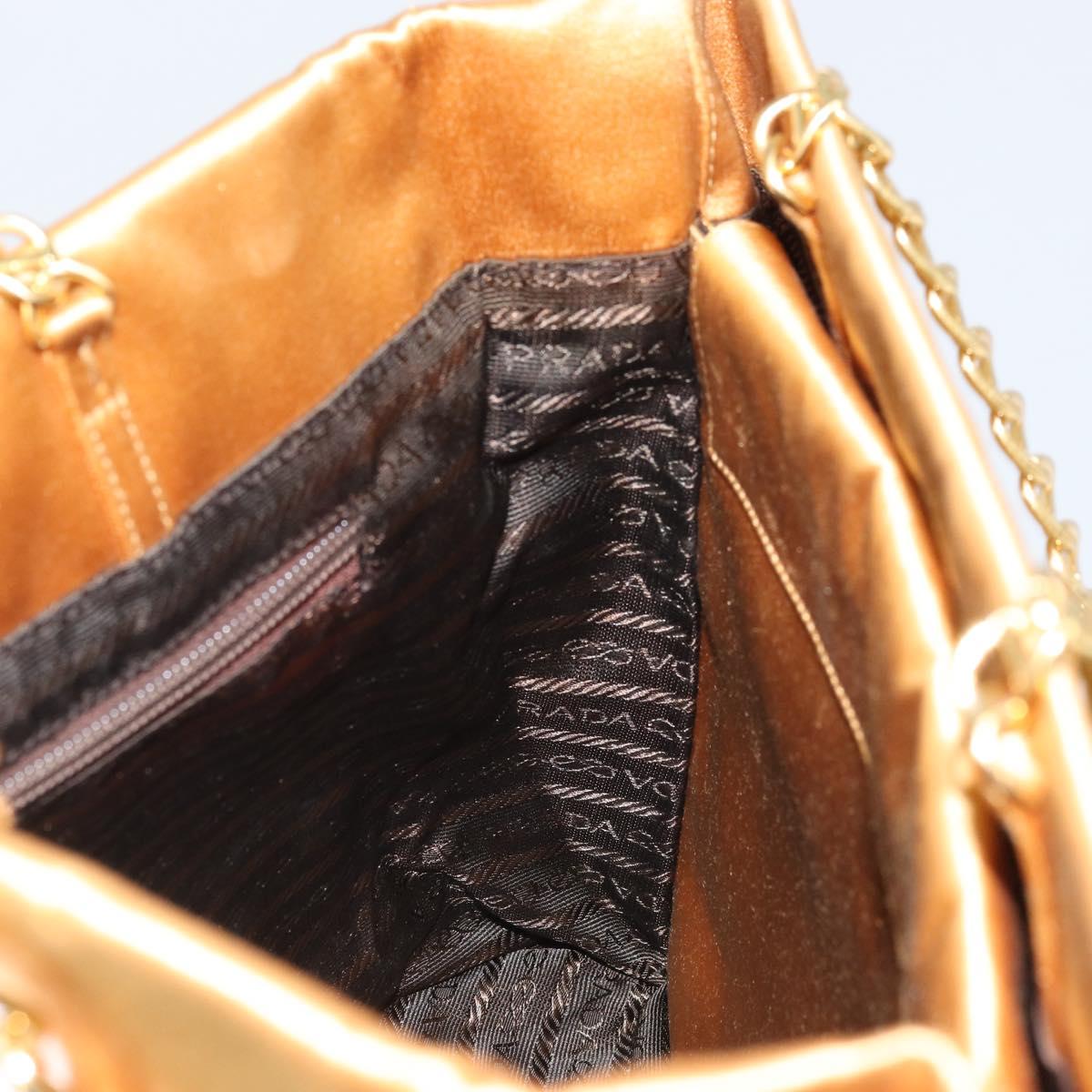 PRADA Chain Hand Bag Satin Gold Auth gh1982