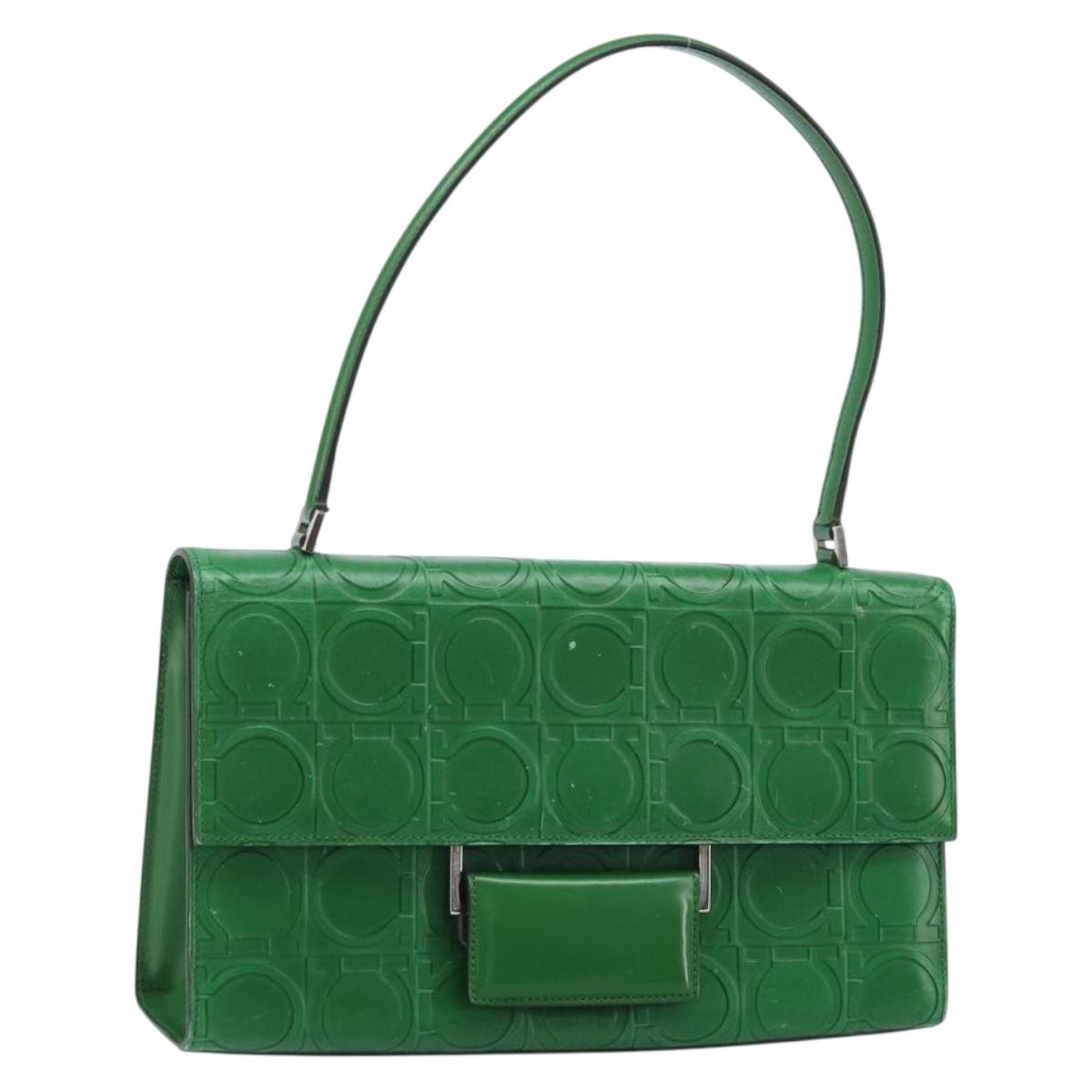 Salvatore Ferragamo Gancini Shoulder Bag Leather Green Silver Auth gh1988A