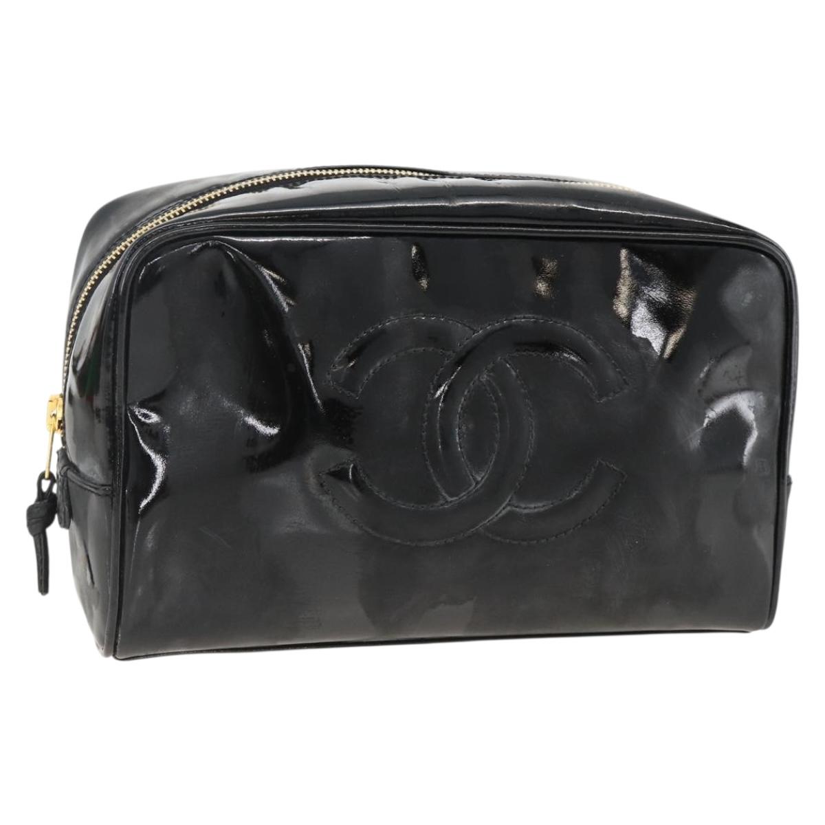CHANEL COCO Mark Pouch Patent leather Black Gold CC Auth gh1998