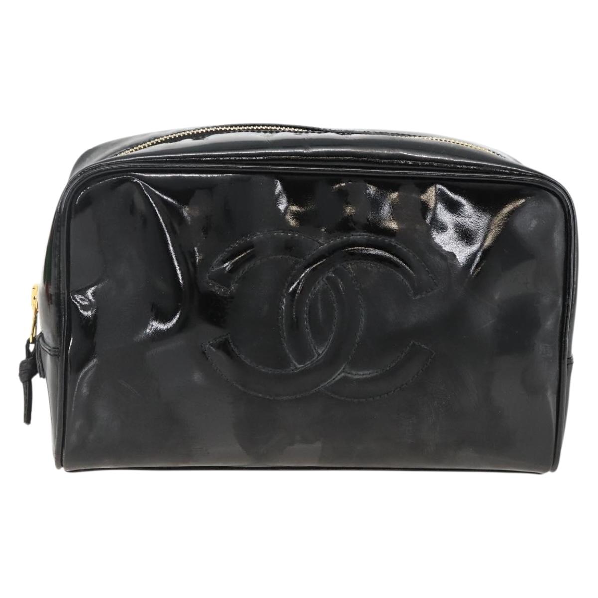 CHANEL COCO Mark Pouch Patent leather Black Gold CC Auth gh1998