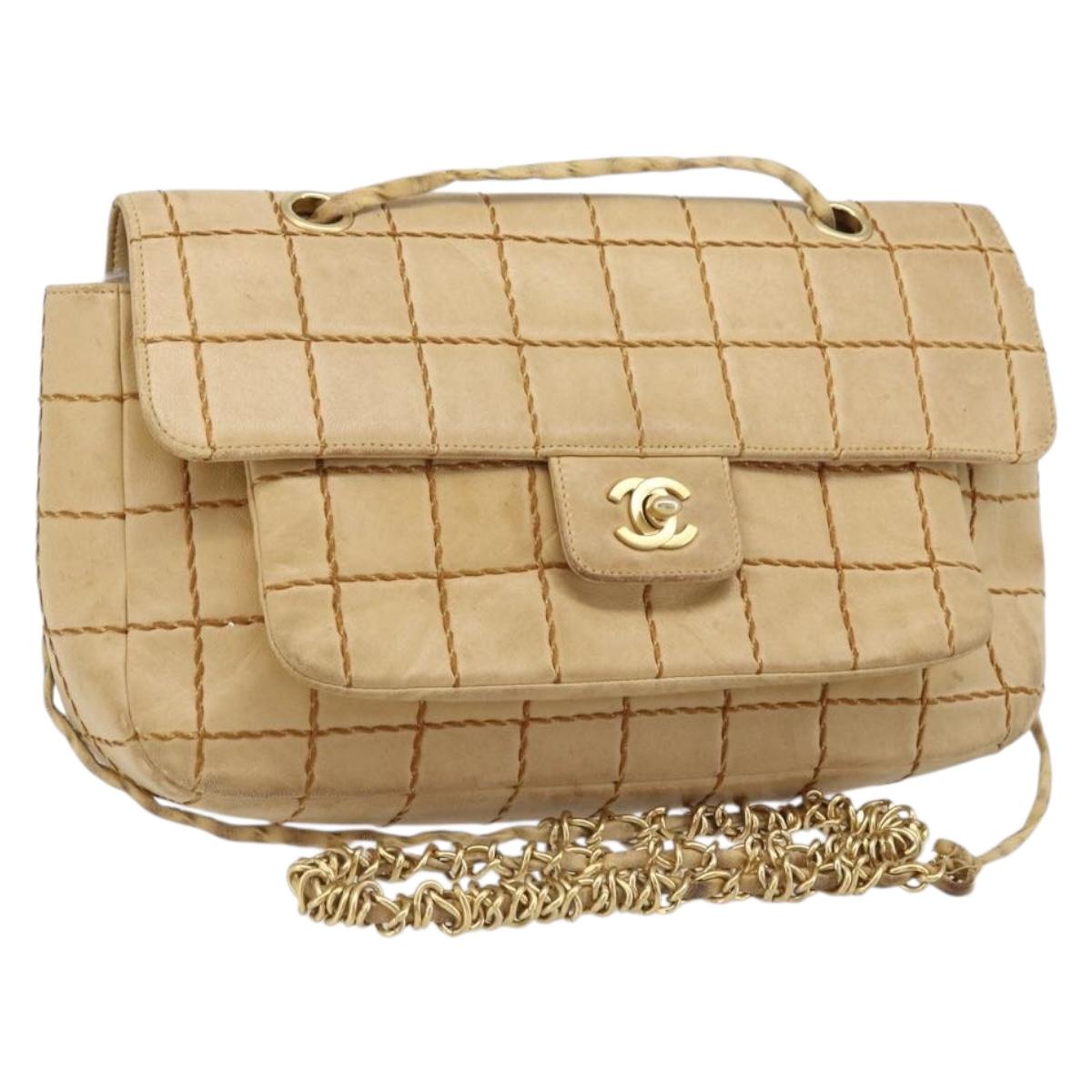 CHANEL Wild Stitch Choco Bar Chain Bag Lamb Skin Beige Gold CC Auth gh2006