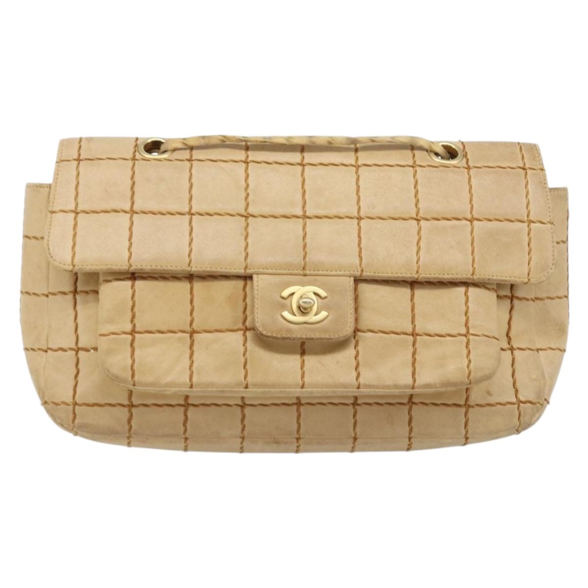 CHANEL Wild Stitch Choco Bar Chain Bag Lamb Skin Beige Gold CC Auth gh2006