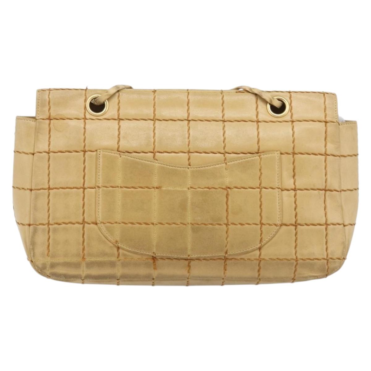CHANEL Wild Stitch Choco Bar Chain Bag Lamb Skin Beige Gold CC Auth gh2006