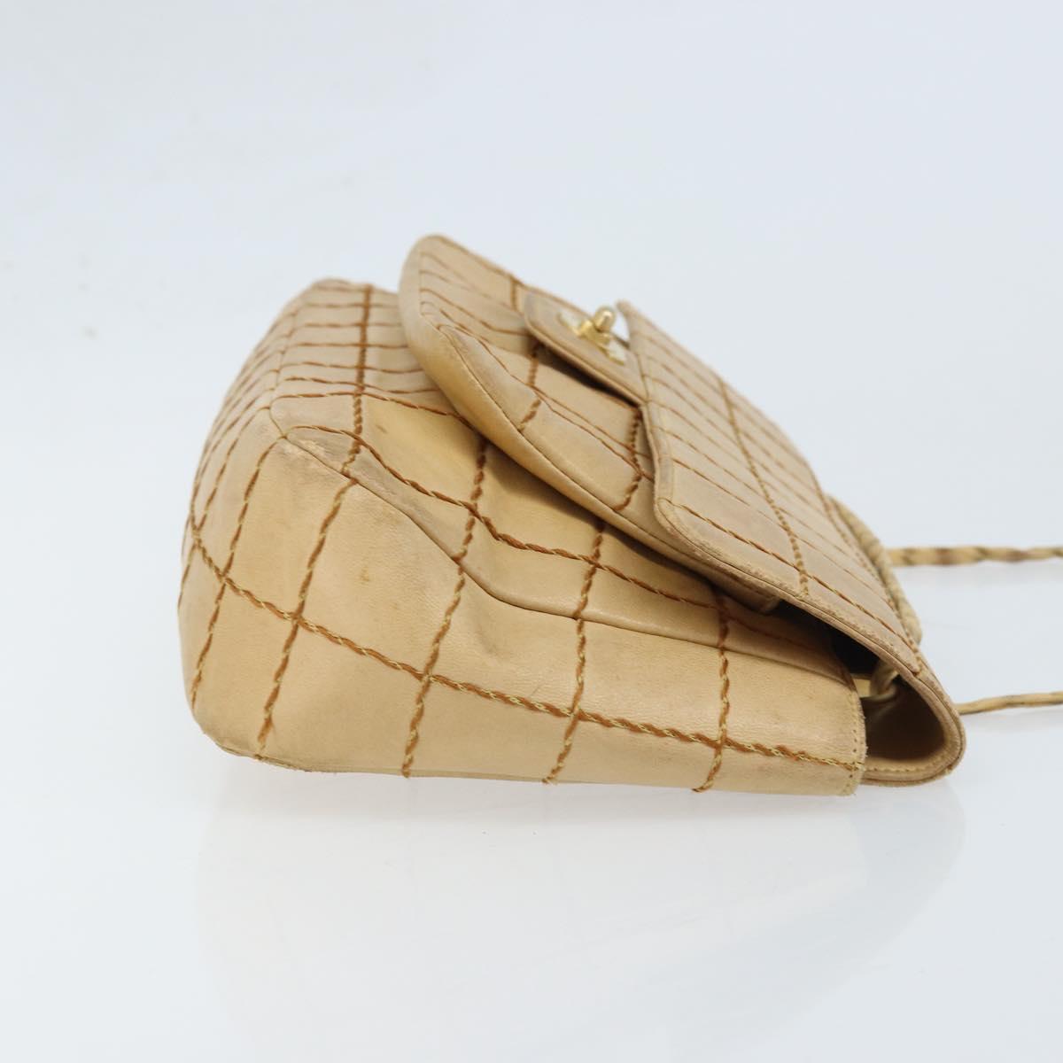 CHANEL Wild Stitch Choco Bar Chain Bag Lamb Skin Beige Gold CC Auth gh2006