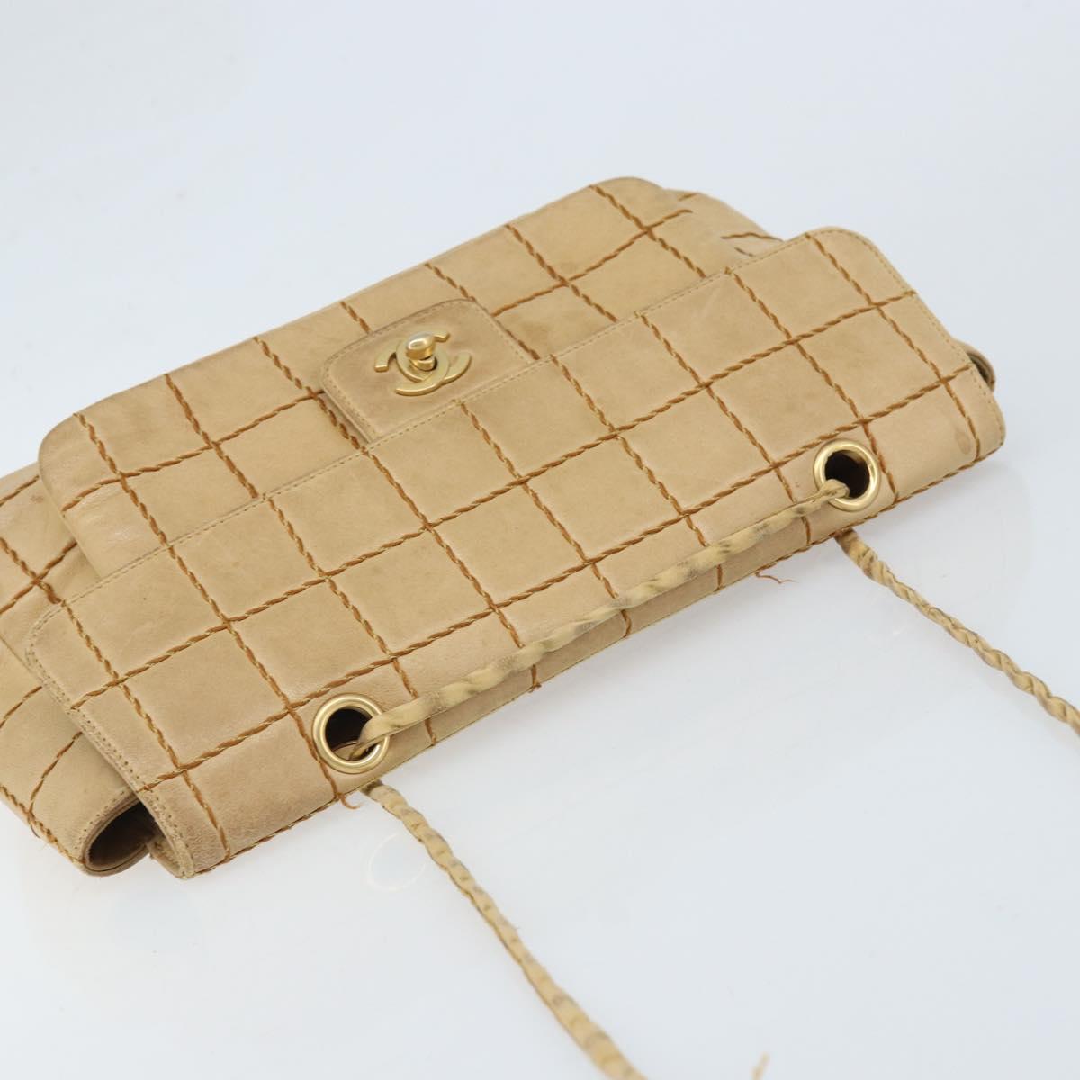 CHANEL Wild Stitch Choco Bar Chain Bag Lamb Skin Beige Gold CC Auth gh2006