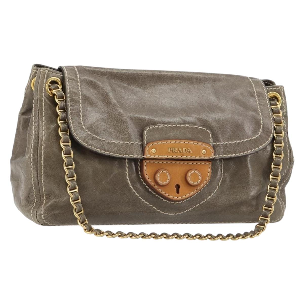 PRADA Chain Shoulder Bag Leather Gray Gold Auth gh2040SAV