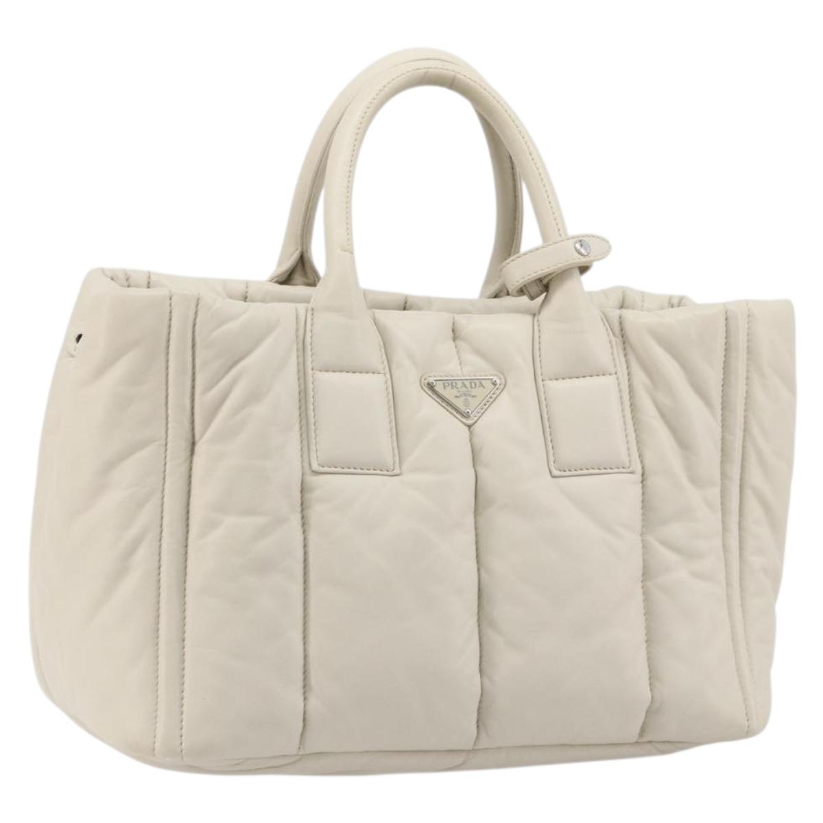 PRADA Canapa MM Hand Bag Leather White Silver Auth gh2041