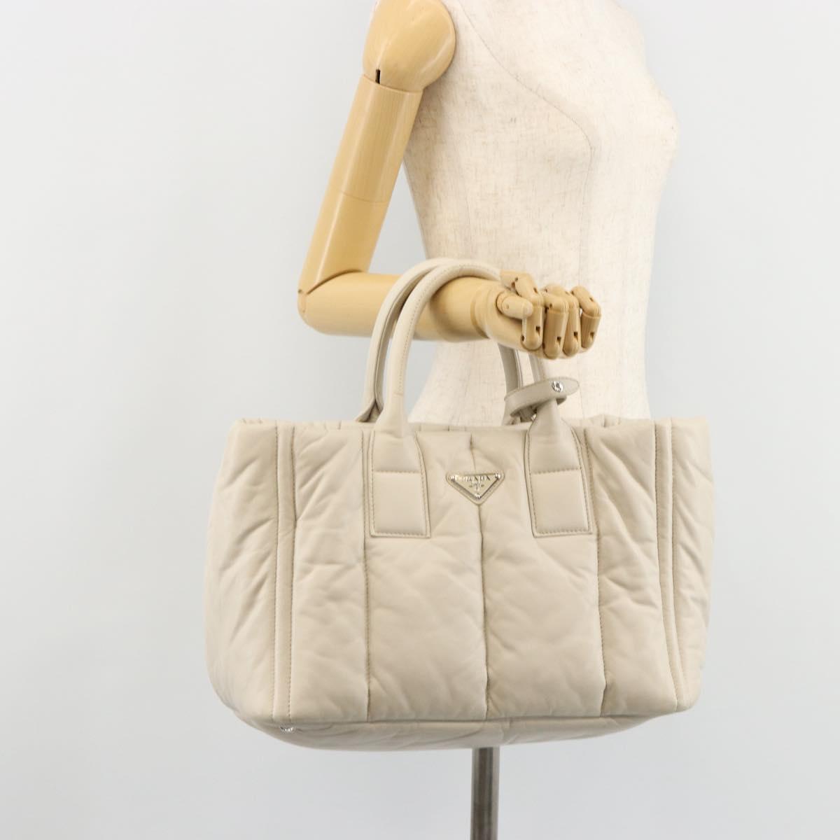 PRADA Canapa MM Hand Bag Leather White Silver Auth gh2041