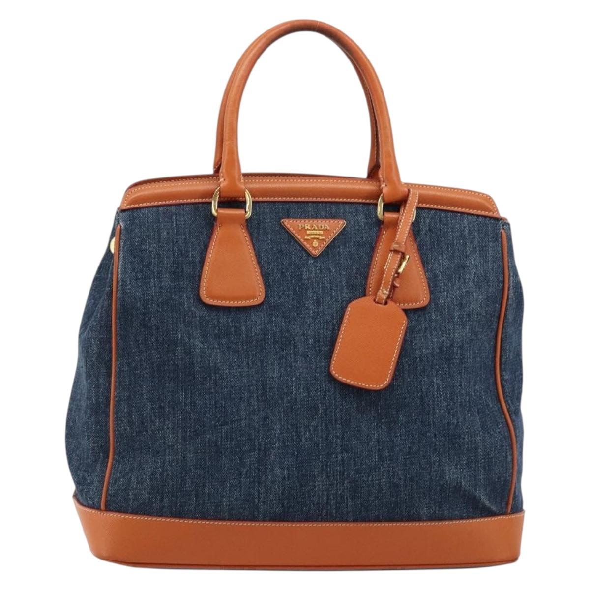 PRADA Hand Bag Denim Navy Gold Auth gh2045A