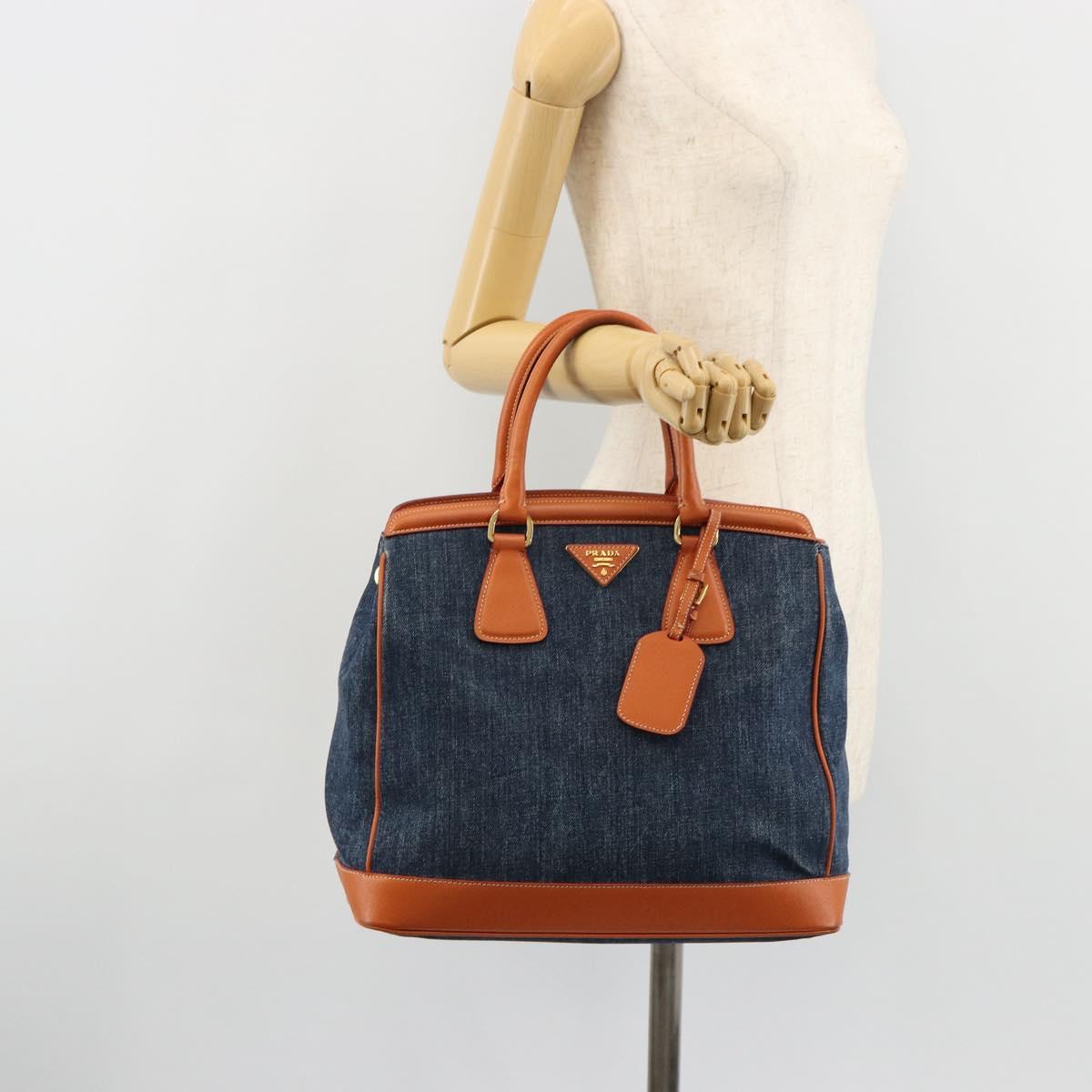 PRADA Hand Bag Denim Navy Gold Auth gh2045A