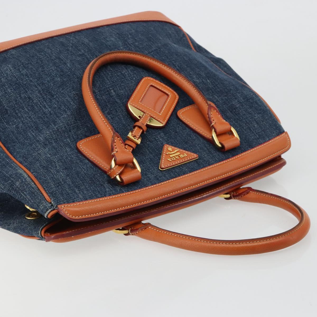 PRADA Hand Bag Denim Navy Gold Auth gh2045A