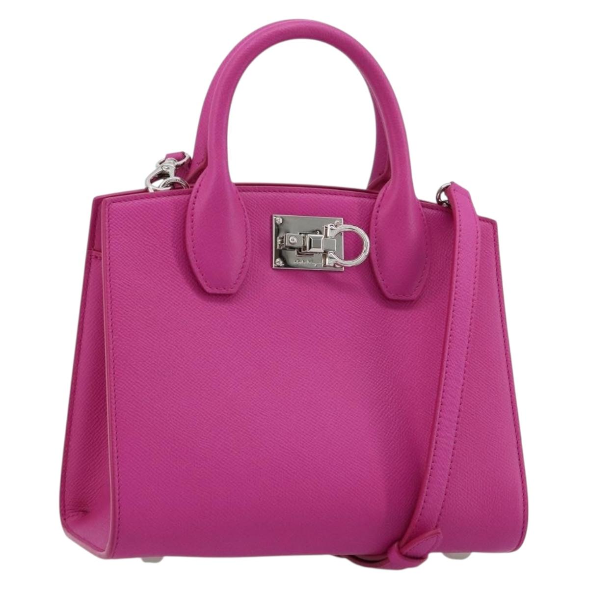 Salvatore Ferragamo Studio Box Hand Bag Leather 2way Pink Silver Auth gh2052SAV