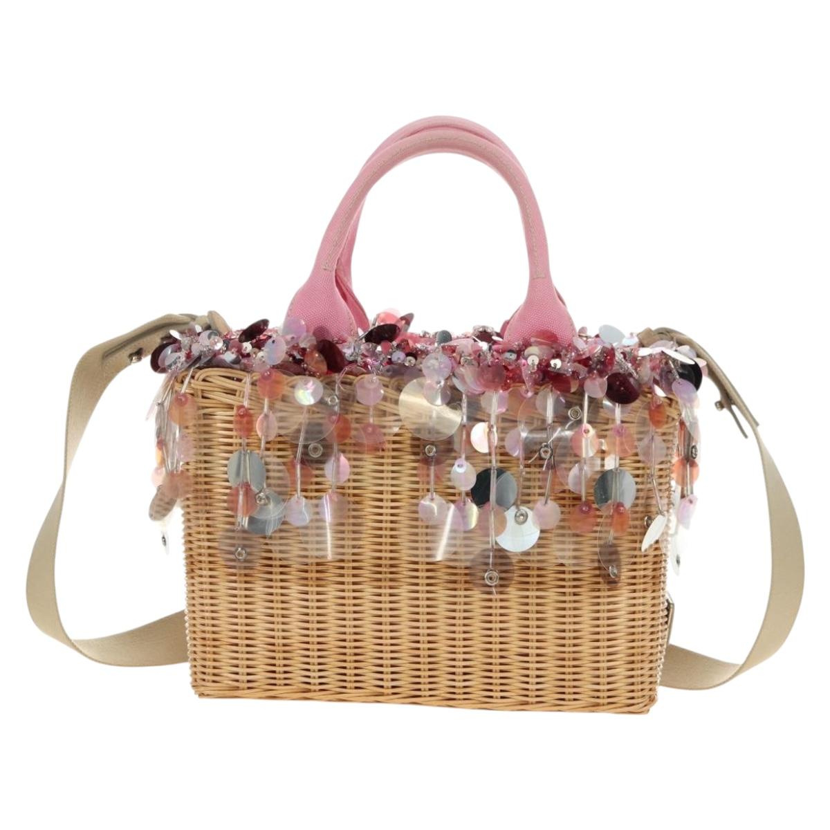 PRADA Hand Bag Rattan 2way Pink Silver Auth gh2054A
