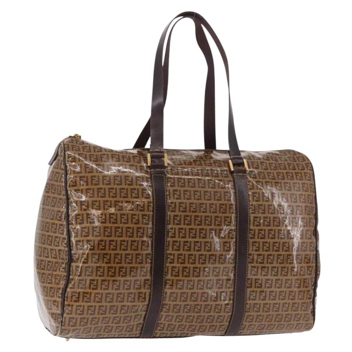 FENDI Zucchino Canvas Boston Bag Coated Canvas Beige Gold Auth gh2058