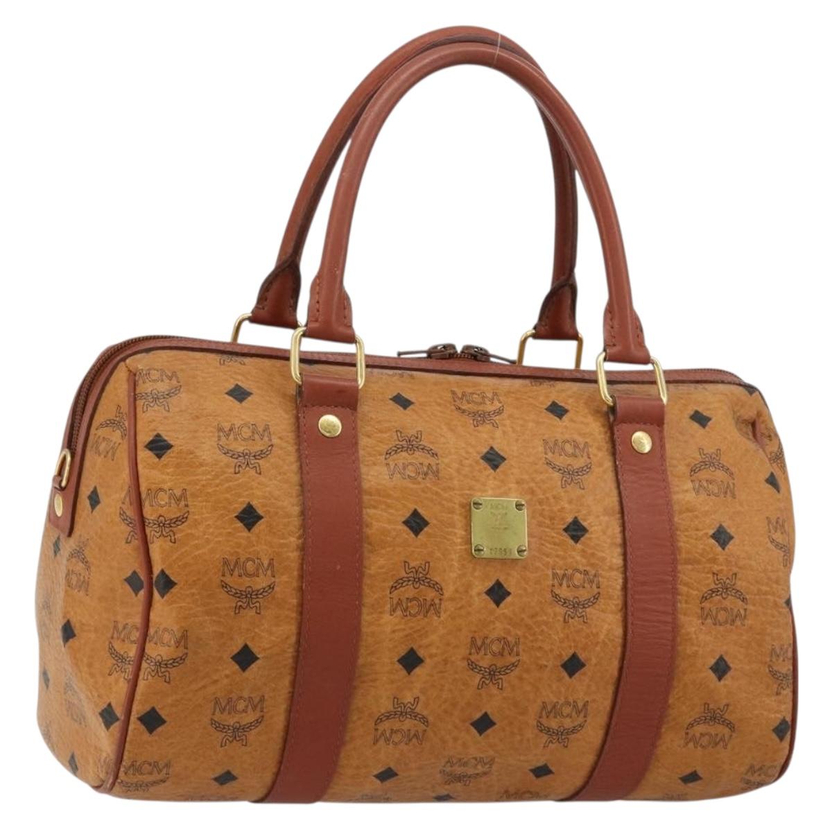 MCM Vicetos Logogram Boston Bag PVC Leather Brown Gold Auth gh2068